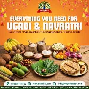Fresh Ugadi ingredients including raw mango, jaggery, coconut and bananas available at an Indian grocery store in Seattle