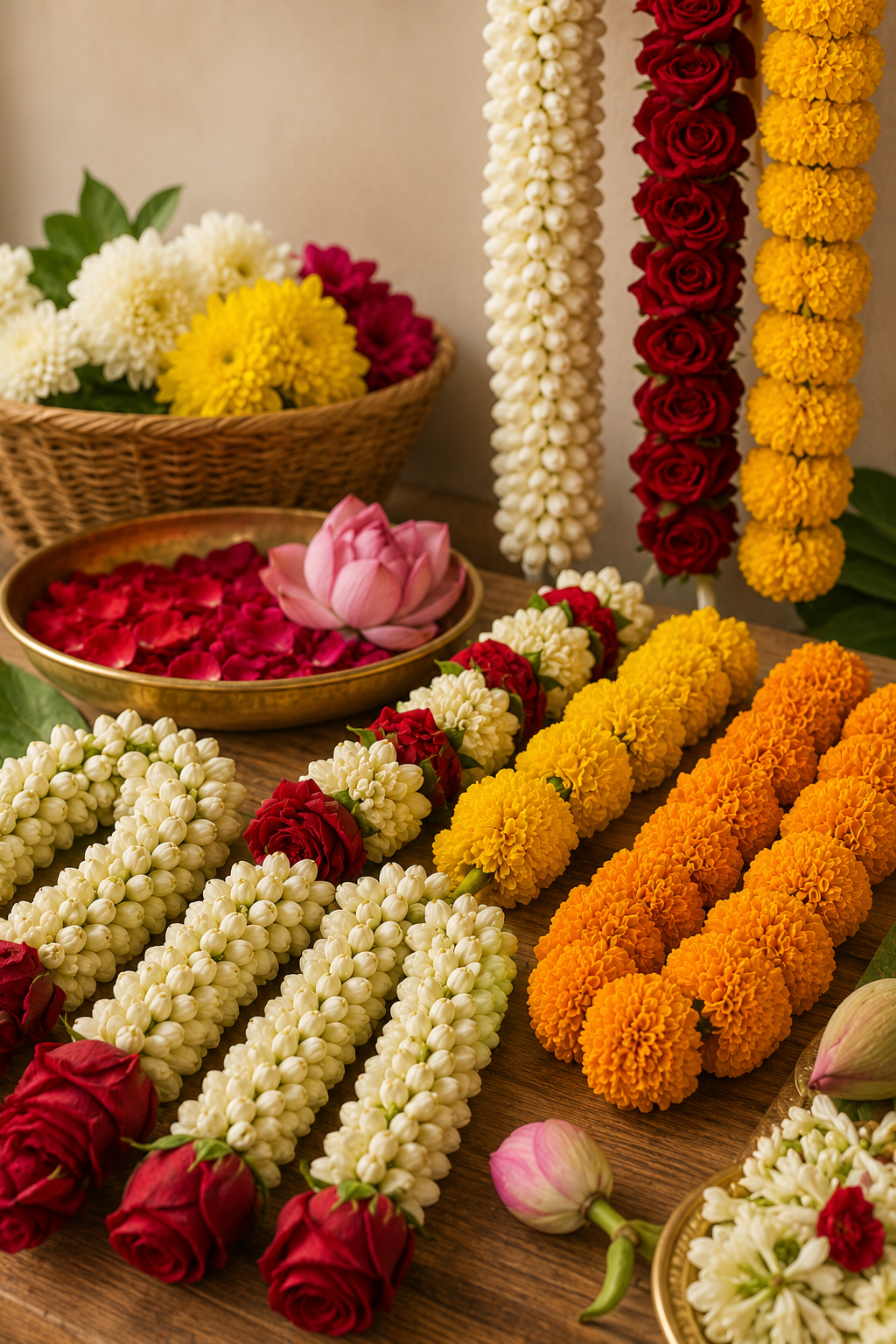 Flower garlands and loose blooms in baskets