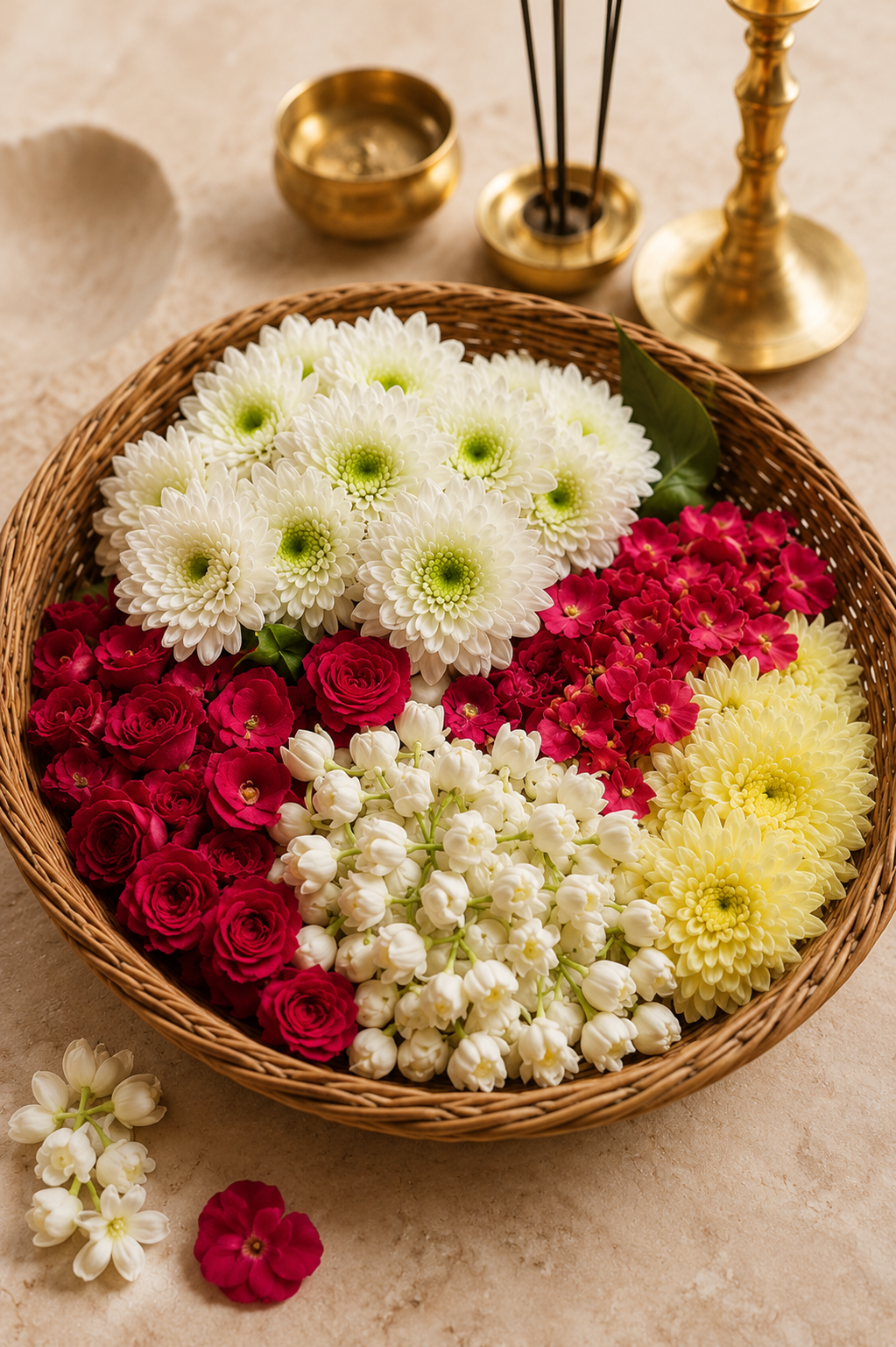 Basket of flowers arranged for pooja