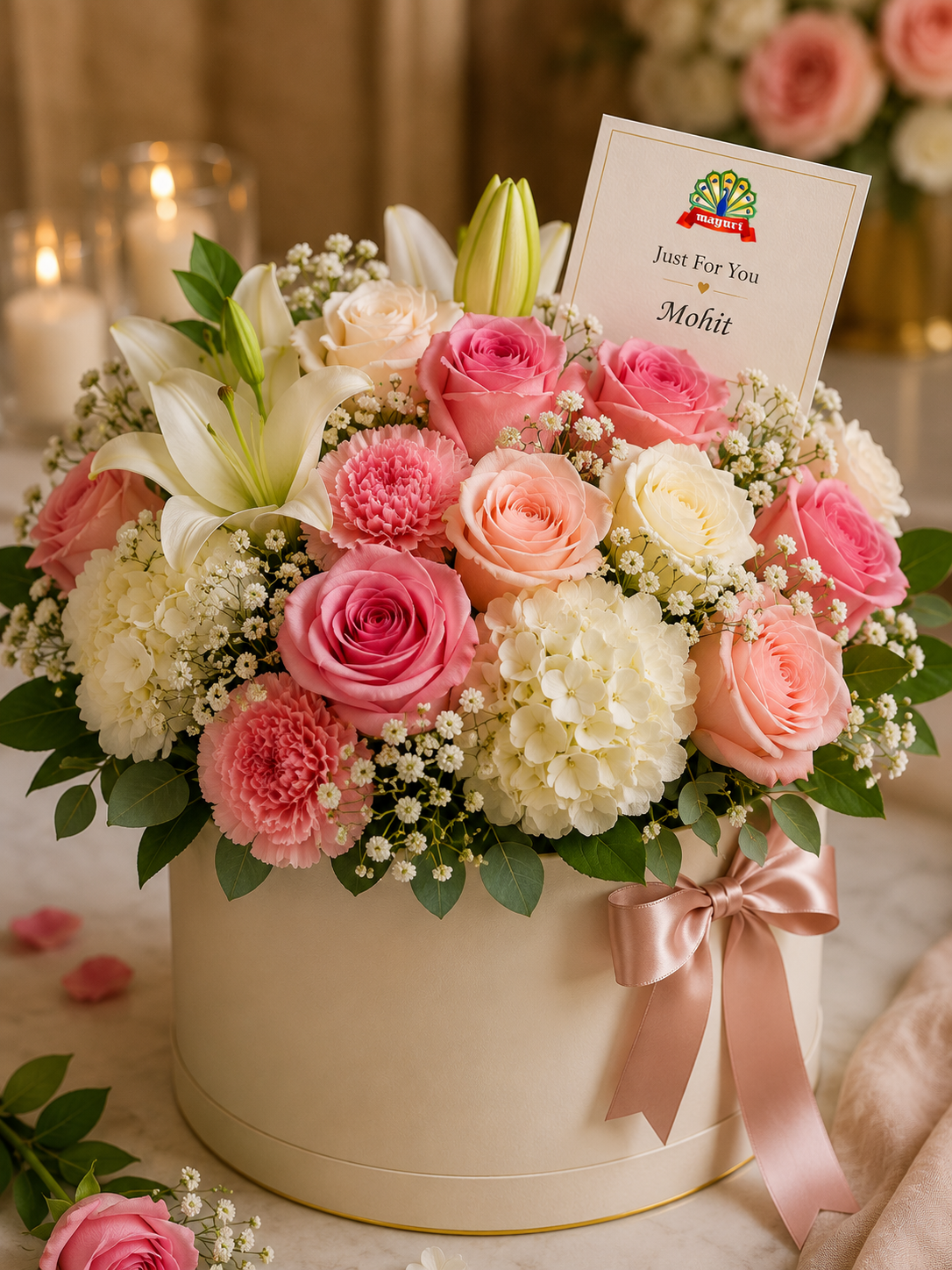 Rose and lily arrangement in a gift box