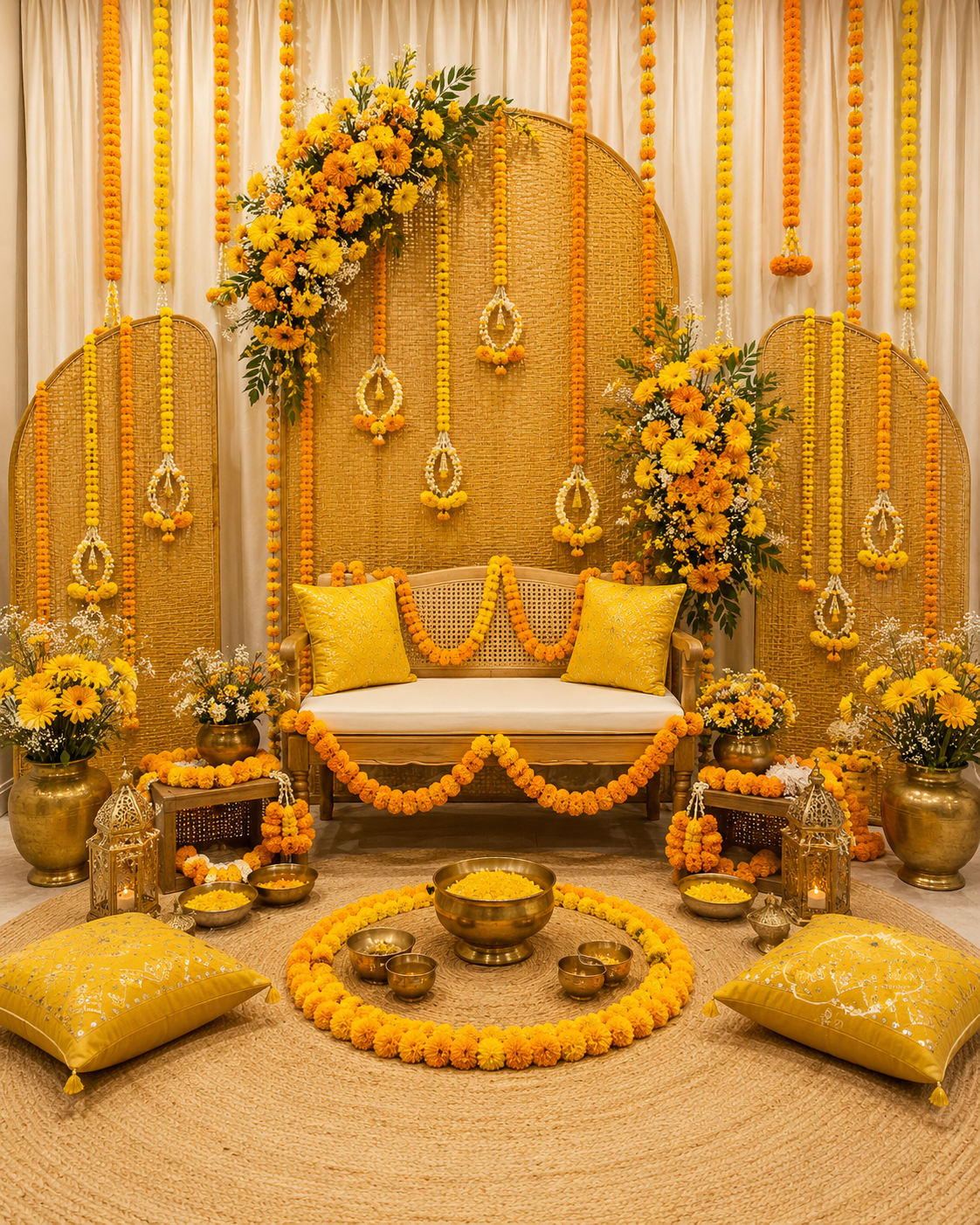 Wedding mandap decorated with marigolds