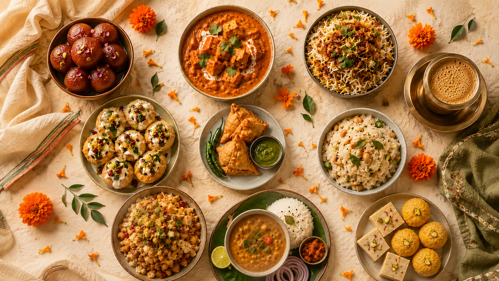 Editorial flat lay of Indian sweets, gulab jamun, jalebi, ladoo, barfi, at Mayuri Bakery Seattle