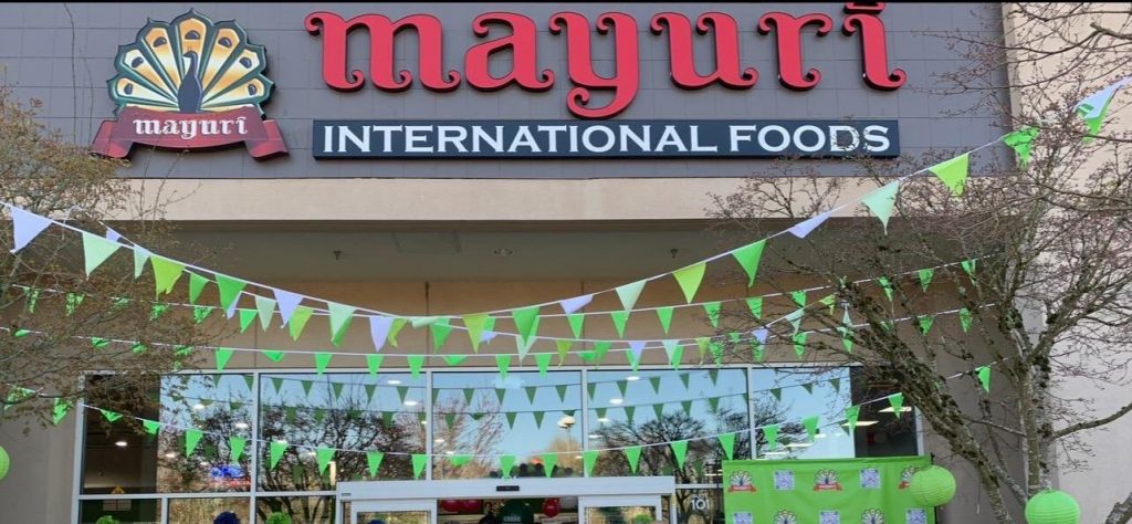 Festive bunting outside Mayuri at Redmond Town Center