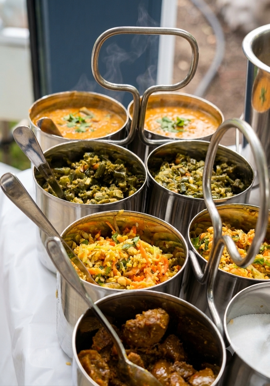 Banana leaf spread with rice, curries and accompaniments